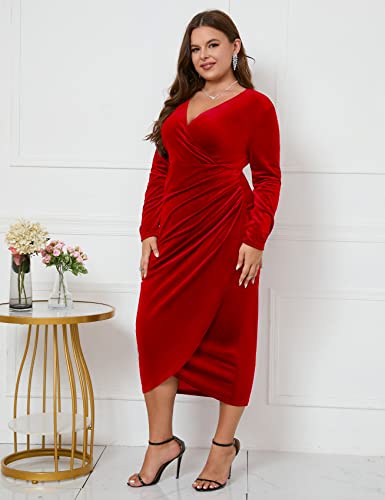 Image of ZOMVA Plus Size Velvet Wrap Dress Ruched Bodycon Dress Long Sleeves Ruffle Long Elegant Party Wedding Guest Cocktail Holiday