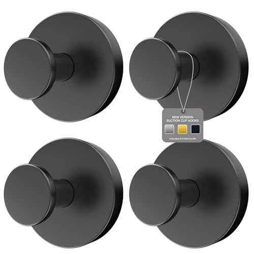 Ninth Five Shower Suction Cup Hooks, Heavy Duty Bathroom Wall Hooks for Towels, Robes, Loofahs, Removable Metal Hook for Tile Glass Mirror, No Drill(4 Pack, Black)