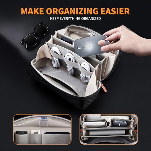 BUBM Elektroniczny organizer na akcesoria Tech Pouch na ładowarkę MacBooka, kable, dysk twardy, przewody, wodoodporne gniazda na torbę do przechowywania na adapter USB, kartę pamięci, Czarny, 23.5CM