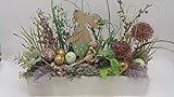  Seidenblumengesteck Frühlingsdeko Osterdeko Eier Häsin Gräser Allium grün lila