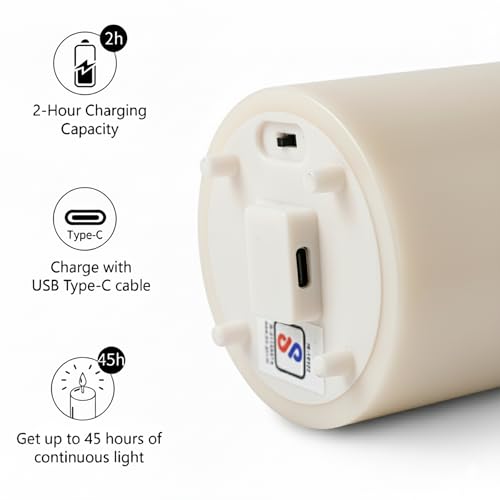 Image of LTETTES Real Wax Rechargable LED Pillar Candles Set of 3 | Flameless flickring Wick | USB Type-C Cable with Remote | Perfect for Home Decor and Gifting | H-4'', 5'', 6'' x D-3'' | Ivory