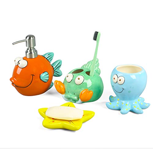 FORLONG FL3016 Ceramic Bathroom Accessories Set, 4 Piece 3D Nemo Fish Seashell Starfish Octopus Bathroom Ensemble Set with Toothbrush Holder, Toothbrush Cup, Soap Dispenser, Soap Dish