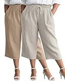 Evervibe 2 Pack Linen Capri Pants for Women L - 5XL Plus Size High Waist Drawstring Pockets Casual Cropped Trousers(Dark Khaki, Oatmeal,X-Large)
