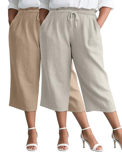 Evervibe 2 Pack Linen Capri Pants for Women L - 5XL Plus Size High Waist Drawstring Pockets Casual Cropped Trousers(Dark Khaki, Oatmeal,X-Large)