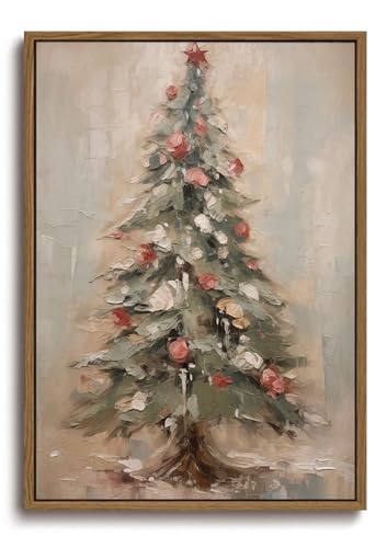 KISSFOX Vintage Christmas Tree Framed Wall Art Snowy Canvas Art