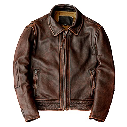 Mens Vintage Fashion Shirt Collar Real Leather Jacket - Casual Moto Racer Shirt Jacket