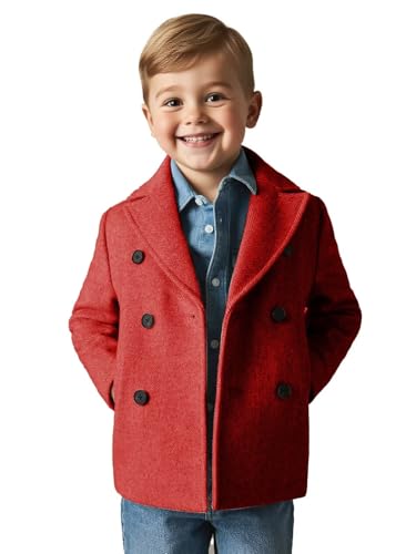 Image of ORBITRAY 2-14 Years Wool Blended Twill Double Breasted Overcoat Thighs Length for Boys Fall Coat Winter Outfit A-red