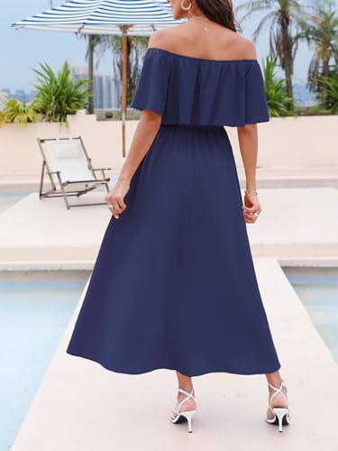 Image of CUPSHE Women Ruffle Floral Maxi Summer Dress Off Shoulder Short Sleeve Backless Flounce Bodice Slit Hem Beach Dresses