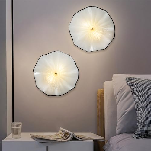 Image of White Glass Wall Light Dia 12 inch Wall Lamp with Murano Glass Shade Vintage Vanity Lighting Fixture with Metal Base Flush Mount Wall Sconce 2-Light for Bathroom, Bedroom, Bedside, Entryway