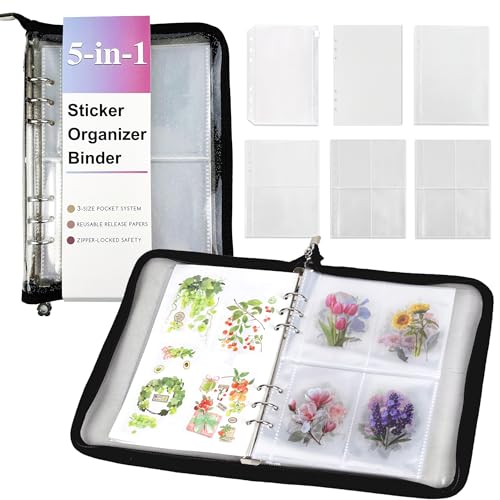 Eastvio 5-in-1 Sticker Organizer Book Reusable A5 Storage Binder with 220 Pockets 10 Release Papers Zipper Album Sticker Collecting Display Keeper (Black)