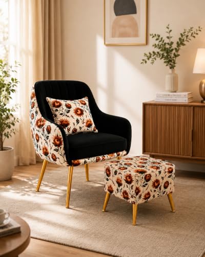 Image of Floral Accent Chair with Ottoman | Premium Velvet Upholstered Armchair with Golden Metal Legs | Modern Lounge Chair for Living Room, Bedroom & Reading Corner | Designer Chair 1pc