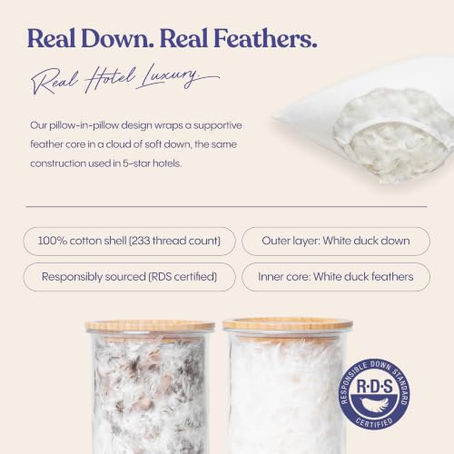 Image of FluffCo Zen Fluff Down Bed Pillows - Soft, Standard /Queen Size (1 Pack) | Comfortable Pillows For Side, Back & Stomach Sleepers - 600 Fill Power White Duck Down - 300 TC Cotton Shell - 20x26 In