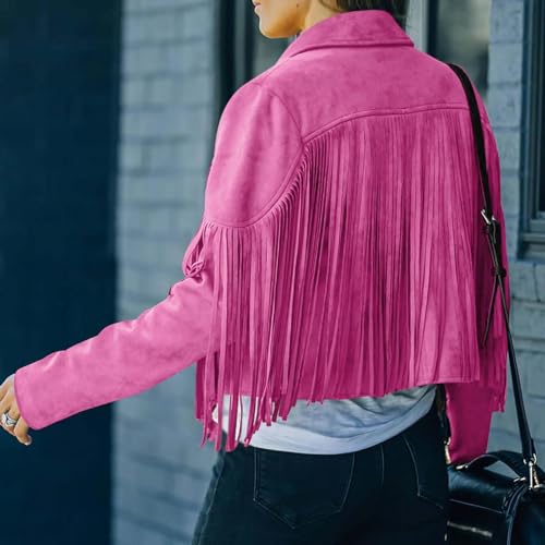 Women's Suede Fringe Jacket Trendy Long Sleeve Leather Coat Fashion Cropped Jacket Western Outfits with Tassel3
