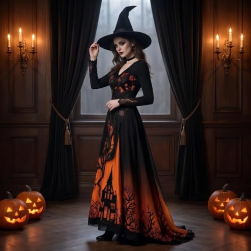 Womens Witch Halloween Costumes Gothic Print Long Sleeve Maxi Dress Orange - image 3