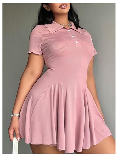 Image of RoseSeek Women's Plus Size Ribbed Knit Golf Dress Button Front Short Sleeve A Line Collared Shirt Dresses