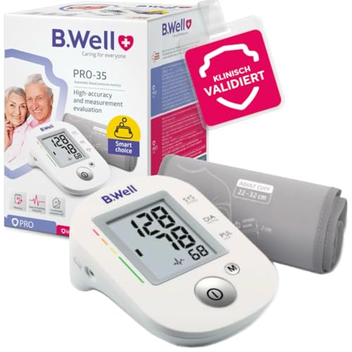 B.Well Swiss Automatisches Oberarm-Blutdruckmessgerät PRO-35 klinisch validierter Blutdruckmesser Arrhythmie-Erkennung und 30 Speicherplätzen Inkl. waschbarer Manschette Größe M