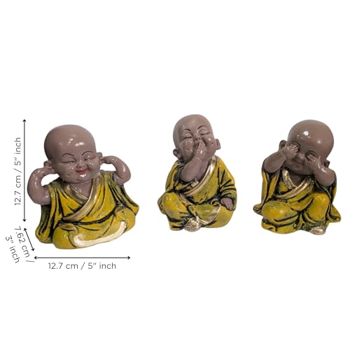 Image of eCraftIndia Resin Yellow Think No Evil Speak No Evil Hear No Evil Set of 3 Cute Little Monk Buddha Statues Decorative Showpieces for Car Dashboard Home Office Desk Decor Gift Purpose