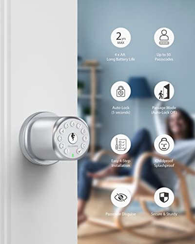 Holomarq Door Knob With Keypad For Interior Combination Bedroom Door Lock 4 Aa Alkaline Batteries Keyless Electronic Digital Coded Door Knob Sequra (Glossy Silver) #TOP1