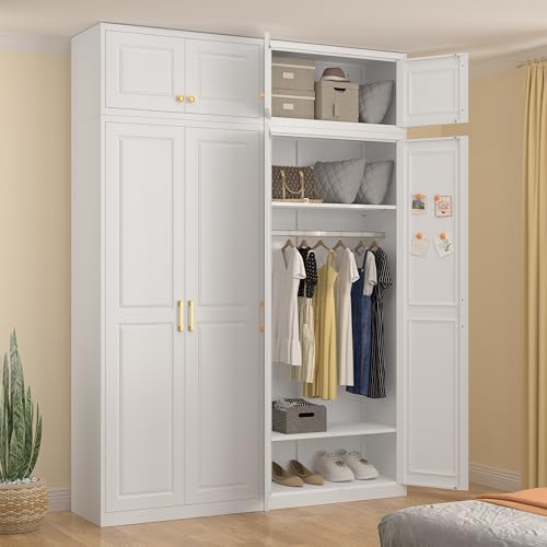 86.6" Amoire Wardrobe Closet, 71" Wardrobe Cabinet with 15.74" Cabinet, Metal Closets with Hanging Rod for Bedroom School, Employee, Gym, Armarios De Ropa para Domitorio, White White 86.6 In