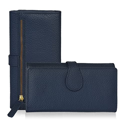Image of Real Leather Women Wallet Leather with RFID Blocking -Trifold Card Holder Designer Ladies Clutch with ID Window Wallets, Navy, Small, Cfh12