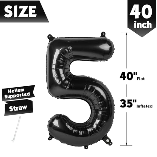 Image of 40 Inch Black Number 5 Balloon Birthday Party Decorations for Men & Women | 40 Inch Black inflatable foil number balloons, large birthday decorations for 5th birthday