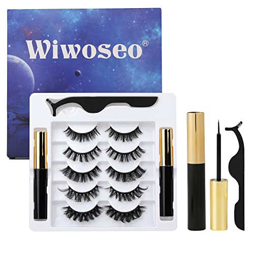 wiwoseo Eyelashes Magnetic Lashes with Eyeliner Wispy Fluffy Natural Look Updated Technology Reusable Magnetic Lashes with Tweezers 5 Pairs Pack
