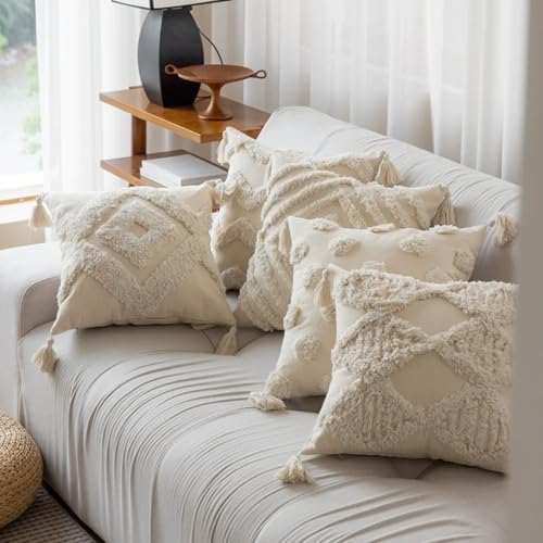 Image of SILK & YANA 16x16 Cotton Cushion Covers Set of 5 | Hand-Tufted Decorative Throw Pillow Covers with Boho, Geometric & Textured Designs | Tassel-Trimmed Covers for Sofa | Cream