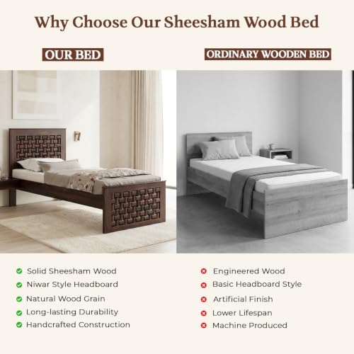 Image of WOODLAB Furniture Sheesham Wood Single Size Bed Without Storage and with Niwar Style Headboard | Wooden Single Cot Bed Palang for Home Living Room Bedroom and Hotel (Walnut Finish)