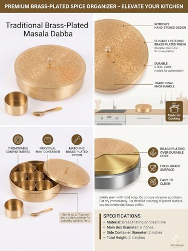 Image of Handcrafted Masala Dabba 7 Container Spice Box with Spoon 8 Inch 40 ml Each Traditional Indian Style