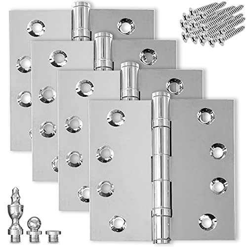 Finsbury Hardware Solid Brass Chrome Door Hinge Heavy Duty Ball Bearing Shiny Silver 4x4 Inch with Decorative Screw-on Tips Included - Set of 12 Hinges (Polished Chrome)