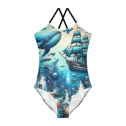 CHIFIGNO Fantasy Vintage Ocean Lives Girls Bathing Suit Quick Dry Crossback One Piece Swimming Suit with Adjustable Strap 5-6 Years