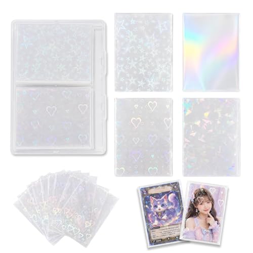 Kevvnza 200 Pcs Holographic Card Sleeves 65x91mm Clear Kpop Photocard Sleeves Laser Flashing Trading Card Protectors for Photo Cards TCG Sports Cards and Collectible Cards 4 Designs