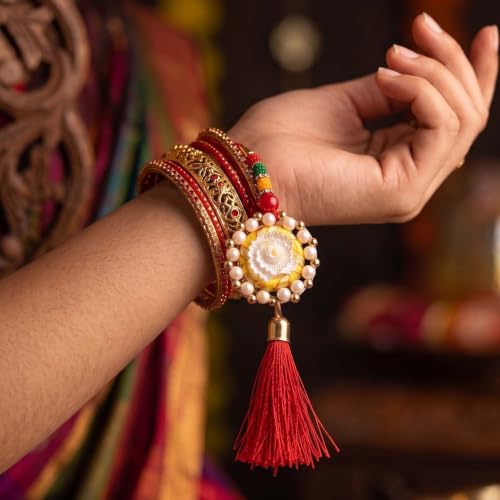 Image of ascension Fancy Handmade Couple Rakhi for Bhaiya Bhabhi Sister in Law with Pearl Work & Red Thread Bracelet Rakhi Combo for Raksha Bandhan with Roli Tilak & You are My Hero Fridge Magnet