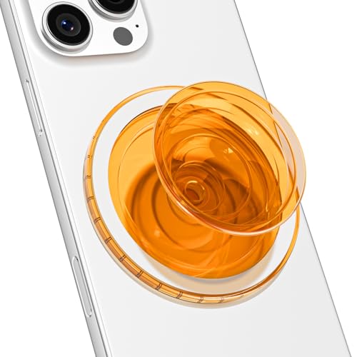 Svanove Magnetic Phone Grip Compatible with Magsafe Mag Safe Translucent Clear Grip Collapsible Kickstand for iPhone Samsung Pixel Cute Transparent Silicone Removable Phone Stand Holder Orange