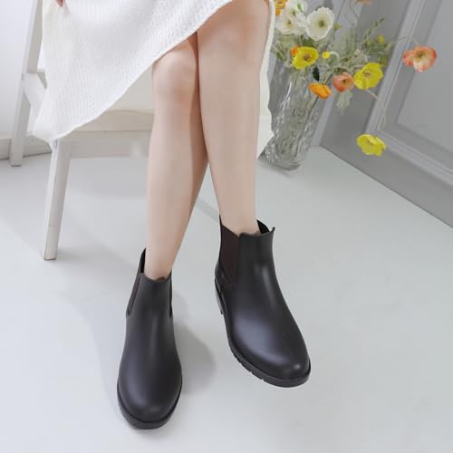 Acfoda Kurze Damen Gummistiefel Herren Regenstiefel Wasserdicht Lack Regen Schuhe Ankle Chelsea Boots Gummi Stiefel mit Blockabsatz Braun Gr.38