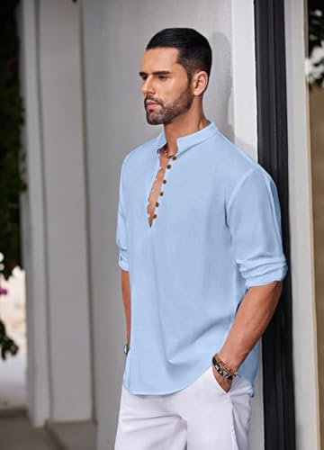 Image of Macsivo Men's Stylish Mandarin Collar Kurta | Casual Ethnic Fusion Shirt for Daily, Party & Travel | Full Sleeves | Cotton Blend Comfort Fit Short Kurta