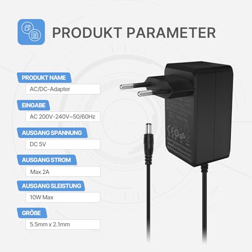 Gonew21 5V Netzteil 2A - AC Adapter Universal, 2 Meter Kabel, AC Adapter Eingang 200-240V 50-60HZ, Netzteil 5V 2A 10W Ausgang, 10 Steckernetzteil DC, Transformator, LED-Licht, Mehr 5V-Geräte