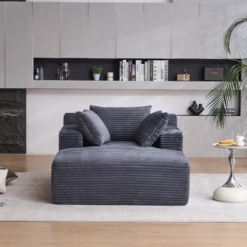 Image of Oversized Chaise Longue Chair Indoor, Upholstered Corduroy Deep Seat Sofa Bed with Throw Pillows and Armrests, Sleeper Sofa Couch for Living Room, Bedroom Apartment EL973