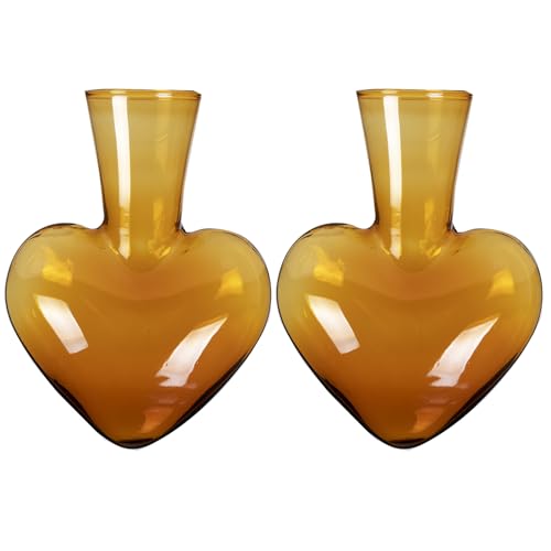Kingbuy Replacement Heart Shaped Glass Vase - 2 Pack Compatible with Hydroponic Planter Wooden Stand, Exact Fit Differ Brand Wooden Base, Glass Pot for Floral Decor and Office Decor, Amber