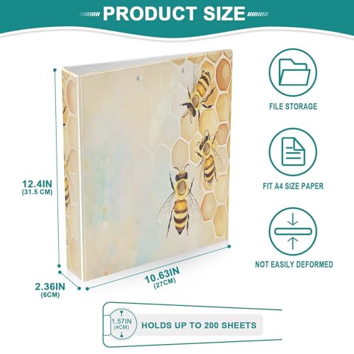 Image of 3 Ring Binder Bees Honeycomb Hive 1.5 inch Binders Three Ring Binders | 3 Ring Binder with Clipboard Fit 8.5'' x 11'' Paper 3 Interior PVC Clear Pockets for Office Supplies