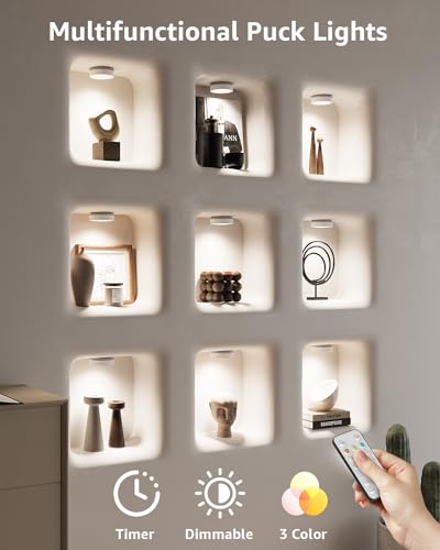 Rechargeable Puck Lights with Remote Control, 2400mAh Battery Powered LED Tap Light Push Lights Stick On for Closet USB Display Shelf Light Magnetic Under Cabinet Press Button Lighting for Classroom