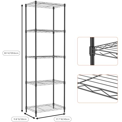Image of M MZG 5 Tiers Shelf Metal Storage Shelves Wire Rack Closet Organizers with Wheel for Garage Kitchen Bathroom Laundry Black 11.8 inch D x 17.7 inch W x 55 inch H