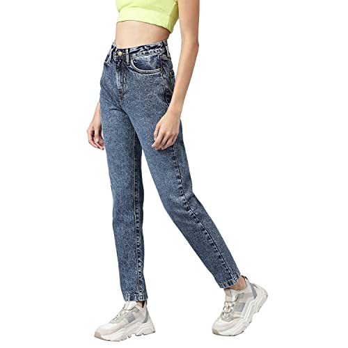 Image of Blue Dark wash 5-Pocket high-Rise Mom Fit Jeans, Clean Look, has a Button and Zip Closure,Non Stretchable and Waistband with Belt Loops