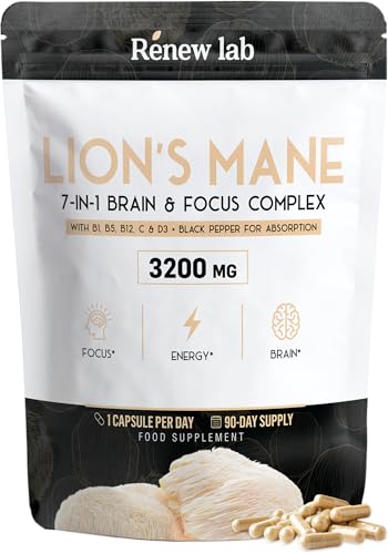 Lions Mane Capsules 3200mg (90 Servings) 7 in 1 Complex for Brain & Immune with Lion's Mane Mushroom Extract, B Complex B1, B5, B12, Vitamin C, D3 & 95% Piperine – 1 Capsule a Day Vegan High Strength