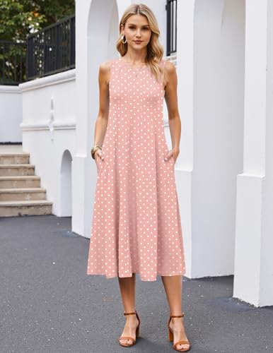 Image of HOTOUCH Summer Casual Dresses for Women Sleeveless Midi Dress Swing Tank Sundress Pleated Tshirt Dress with Pockets