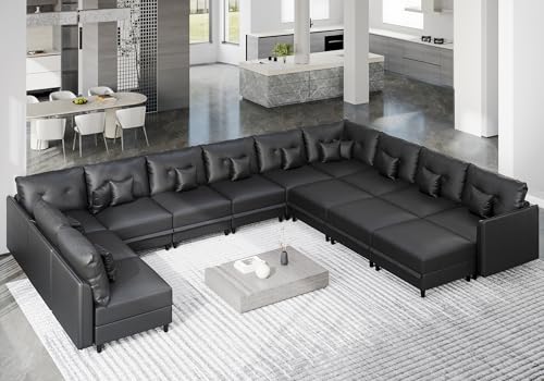LLappuil Faux Leather Oversized 14 Seater Sectional Sofa with Storage, Wide Deep Modular U Shape Couch for Large Living Room, Rearranged, Waterproof, Black