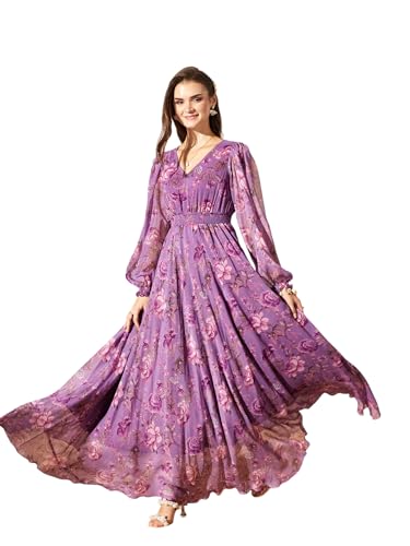 Image of Miss Chase Women's Multicolored-Base-Brown Relaxed Fit Maxi Lurex Chiffon Dress