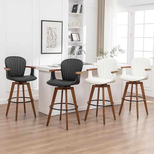 Image of LUNLING 30 inch Bar Height Stools Set of 2,Mid Century Modern Bar Stools White PU Leather Kitchen Island Stools,Wood High Barstools Swivel with Back and Arms for Home Bar Furniture