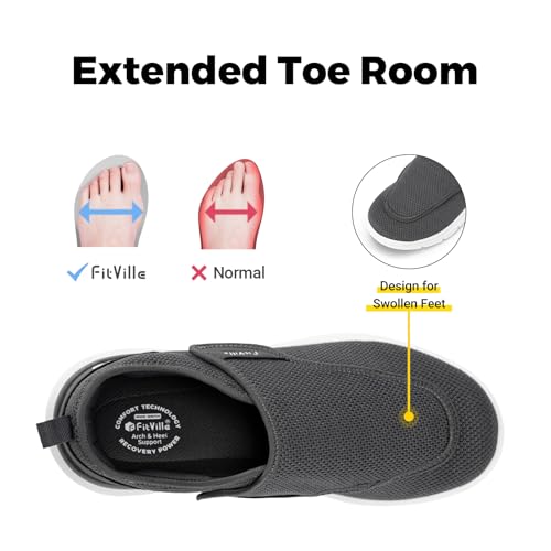 FitVille Diabetic Shoes for Men Extra Wide Slip-on Shoes for Swollen Feet Adjustable Walking Shoes for Elderly Foot Pain Relief Neuropathy - EasyTop Wings Deep Gray by FitVille - Image 2
