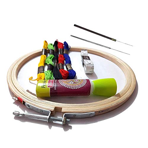 Dhruv Crafts Embroidery Beginners Kit Starter Kit for Beginners Embroidery Frame, Floss, Cutter, Glue & Measurement Tape & Needle (Wood) (5 Items) (Kit 2, 6 Inches)